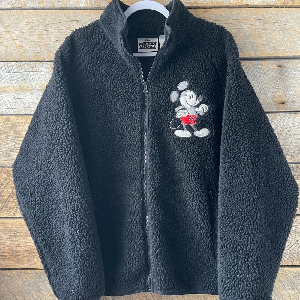 Disney Fleece Jacket Adult Large Black Mickey Mouse Full Zip Embroidered Lined - Picture 2 of 13